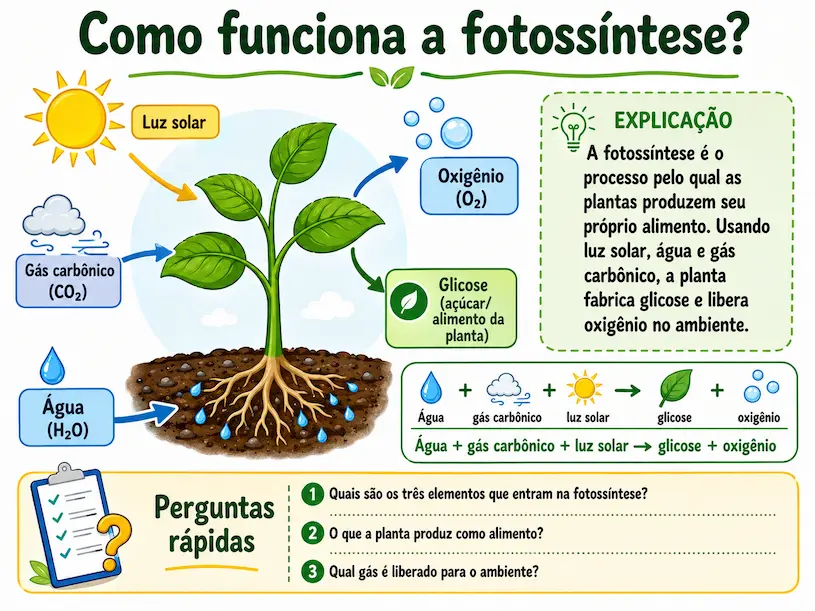Infográfico educativo sobre fotossíntese mostrando a entrada de água, luz solar e gás carbônico na planta e a produção de glicose e oxigênio.