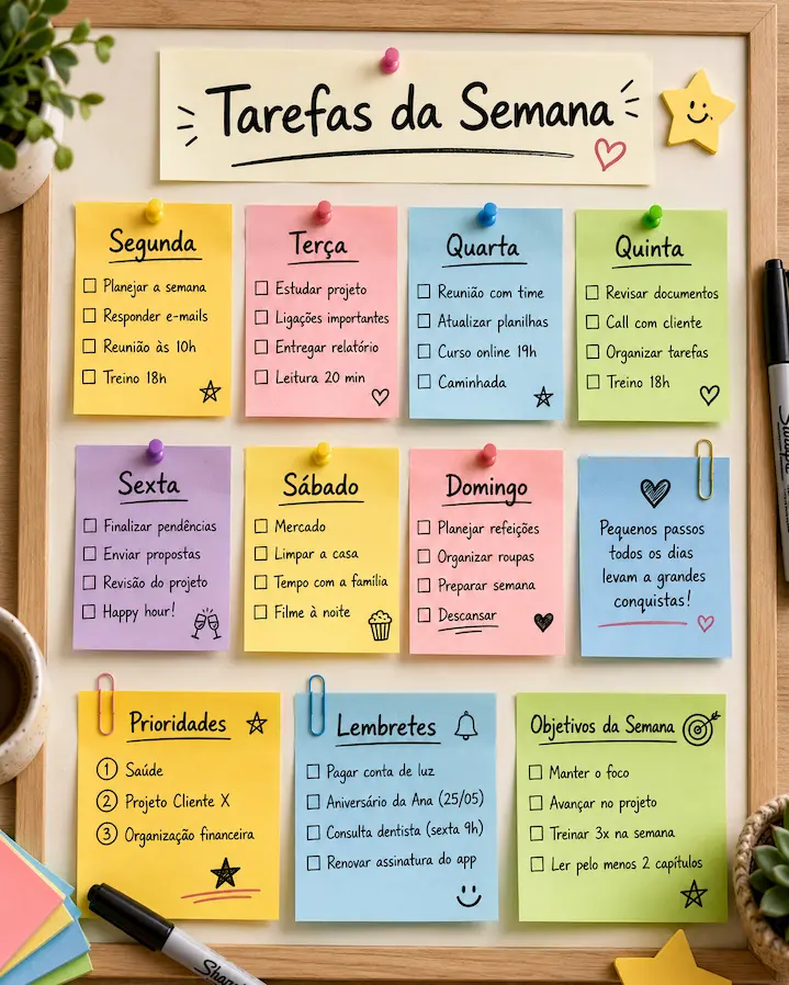 Quadro semanal organizado com post-its coloridos para cada dia da semana, além de áreas de prioridades, lembretes e objetivos.