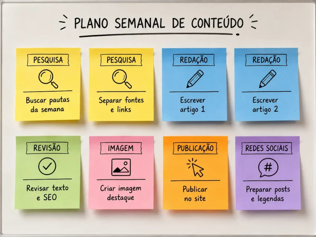 Painel semanal de produção de conteúdo com oito notas adesivas coloridas para pesquisa, redação, revisão, imagem, publicação e redes sociais.