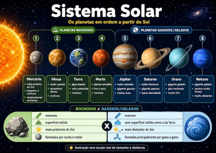 Infográfico educativo do Sistema Solar com o Sol e os oito planetas em ordem, divididos entre planetas rochosos e gigantes gasosos ou gelados, com características e comparação entre os grupos.