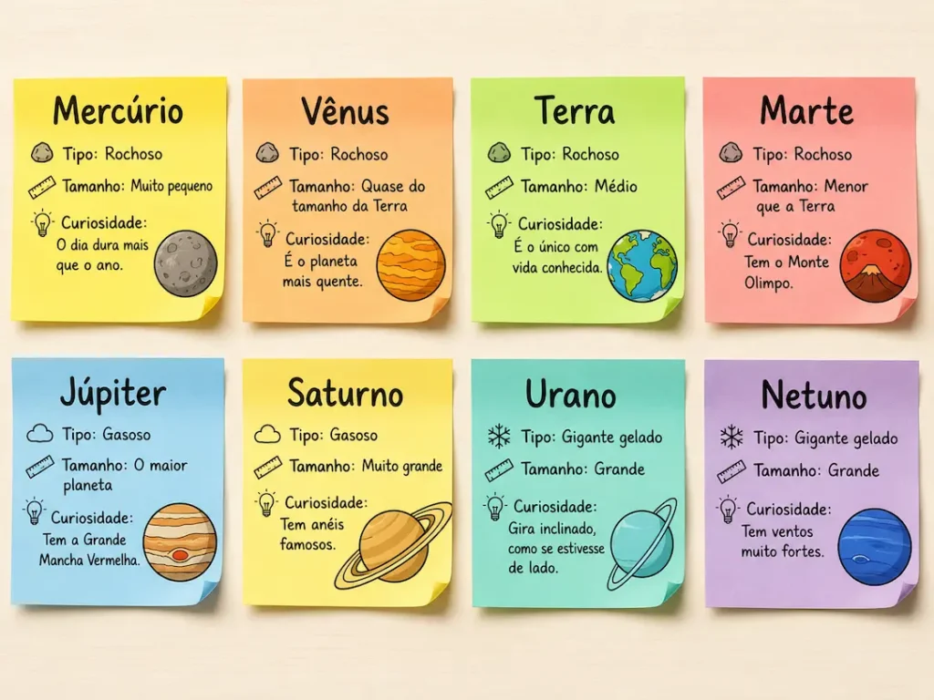 Painel com oito notas adesivas coloridas, uma para cada planeta do Sistema Solar, mostrando nome, tipo, tamanho relativo, curiosidade e pequenos desenhos dos planetas.