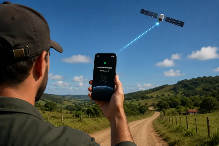 Celular conectado diretamente a um sat&eacute;lite Starlink em &aacute;rea rural sem cobertura de torres