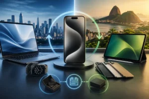 iPhone cercado por MacBook, iPad e Apple Watch, com setas circulares representando aluguel, troca e renovação de dispositivos entre Estados Unidos e Brasil.