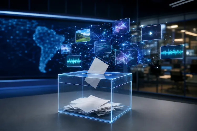 Urna transparente com c&eacute;dulas e elementos digitais de intelig&ecirc;ncia artificial ao fundo, simbolizando o impacto da IA nas Elei&ccedil;&otilde;es 2026.