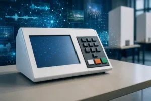 Urna eletrônica brasileira em ambiente digital com elementos de inteligência artificial, representando os riscos e desafios da IA nas Eleições 2026.