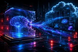 Cérebro digital rompe uma caixa de contenção e envia dados para servidores em uma cena futurista de cibersegurança.