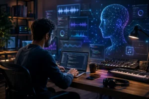 Pessoa usando notebook em ambiente tecnológico com painéis digitais de código, ondas sonoras e uma figura abstrata de inteligência artificial, representando agentes de IA e desenvolvimento no Google Antigravity.