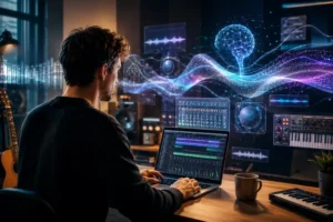 Pessoa usando notebook em estúdio criativo com ondas sonoras digitais, painéis de música e elementos de inteligência artificial representando criação musical no Google Flow Music.