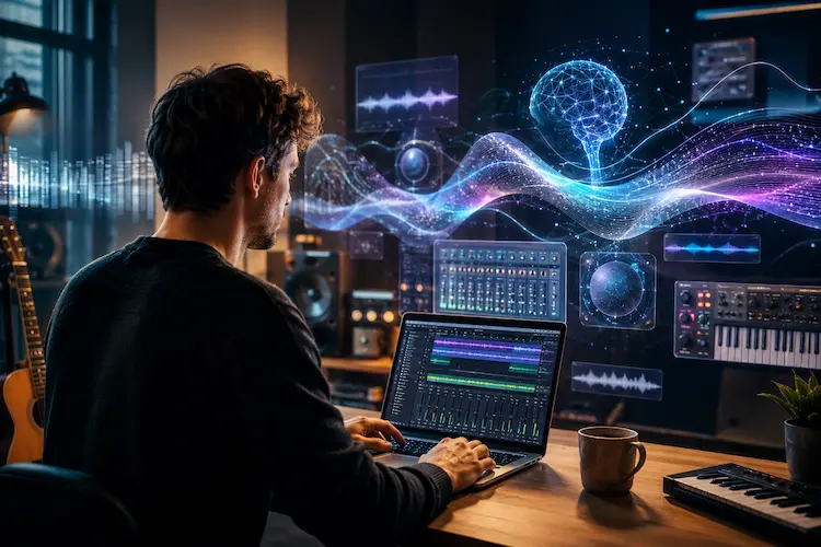 Pessoa usando notebook em est&uacute;dio criativo com ondas sonoras digitais, pain&eacute;is de m&uacute;sica e elementos de intelig&ecirc;ncia artificial representando cria&ccedil;&atilde;o musical no Google Flow Music.