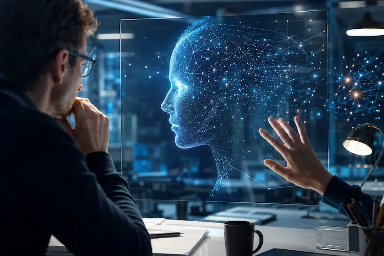 Pesquisador observa uma interface digital com rosto formado por redes neurais, representando o debate sobre consciência e emoções em modelos de IA.