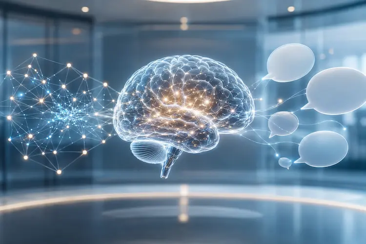 Cérebro humano translúcido conectado a uma rede neural digital e balões de conversa sem texto, representando consciência e emoção em modelos de IA.