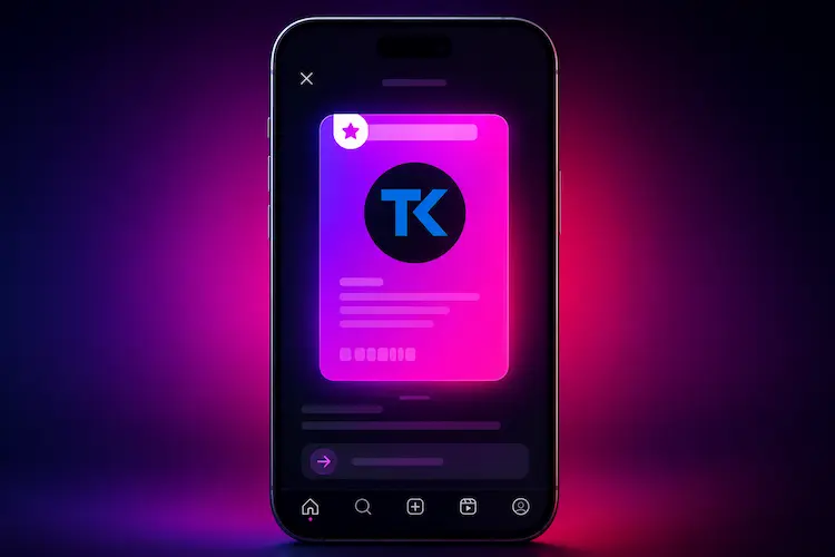 Smartphone com tela em destaque mostrando um cartão visual inspirado no acesso antecipado do Instagram, em fundo neon roxo e rosa.