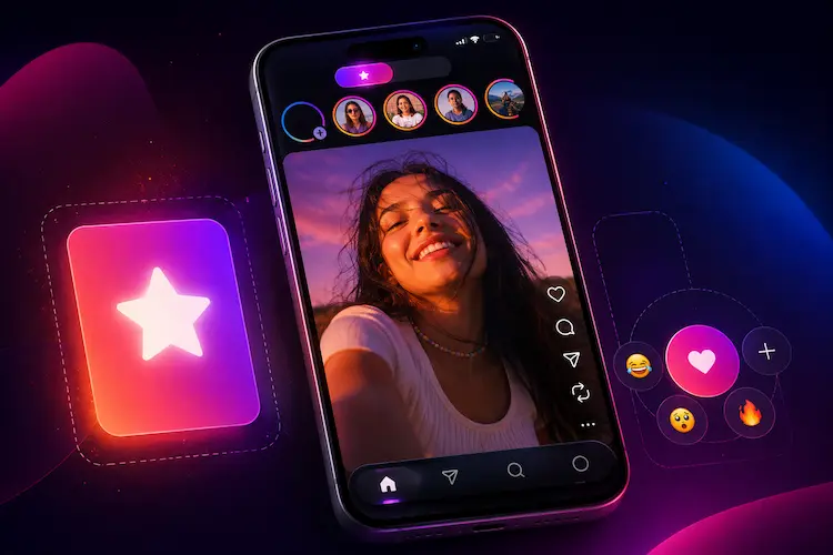 Smartphone exibindo a nova interface do Instagram com feed vertical em tela cheia, Stories no topo, &iacute;cones laterais e navega&ccedil;&atilde;o reorganizada.