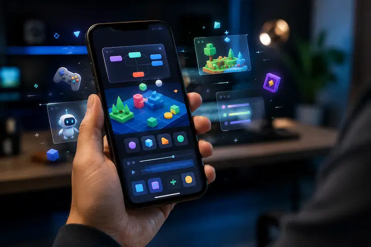 Pessoa segura um smartphone com interface de cria&ccedil;&atilde;o de minijogos e elementos interativos gerados por intelig&ecirc;ncia artificial.