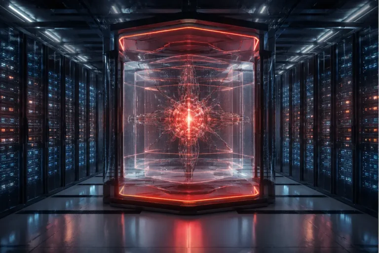 Sistema avan&ccedil;ado de intelig&ecirc;ncia artificial contido por barreiras digitais de seguran&ccedil;a em um data center futurista.