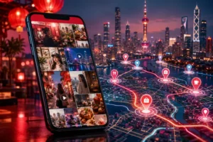 Smartphone exibindo uma rede social visual integrada a um mapa digital com rotas e pontos de interesse em uma cidade chinesa iluminada.