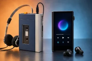 Walkman de fita cassete clássico ao lado de um player digital moderno com fones com fio e earbuds sem fio.