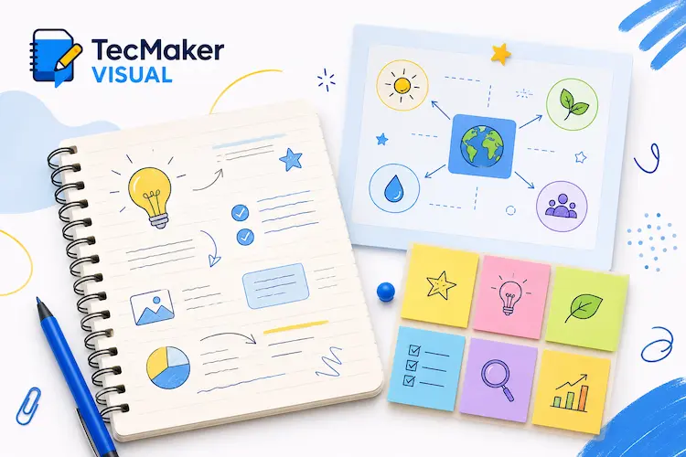 TecMaker Visual com caderno de anotações, diagrama educativo e notas adesivas coloridas representando criação de materiais visuais com inteligência artificial.