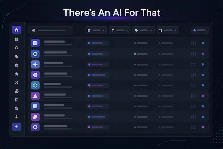 Interface inspirada no There’s An AI For That com lista de ferramentas de inteligência artificial, filtros e categorias em modo escuro.