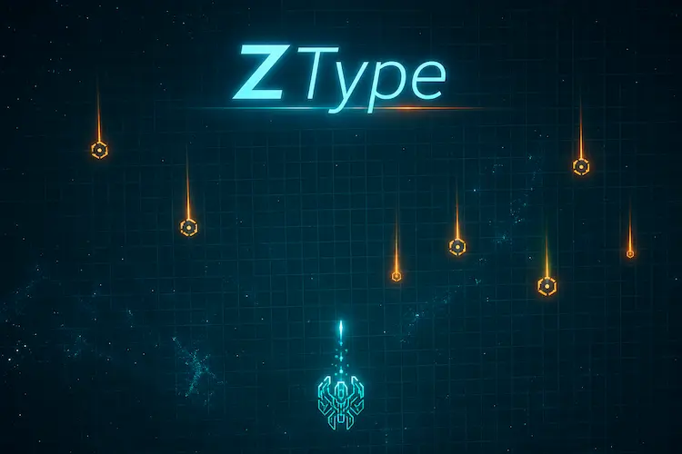 Imagem inspirada no ZType com fundo digital escuro, nave luminosa e elementos de jogo caindo na tela para representar treino de digitação.