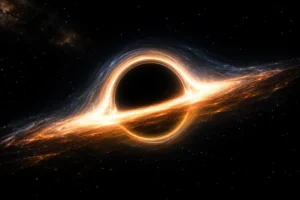Buraco negro com horizonte de eventos cercado por disco de acreção e luz distorcida pela gravidade