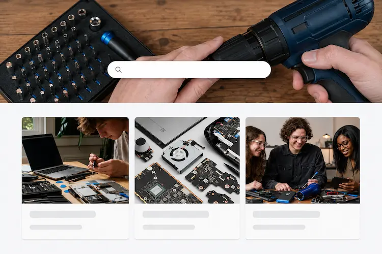 Interface inspirada no iFixit com barra de busca, ferramentas de reparo e cards visuais sobre conserto de dispositivos eletrônicos.