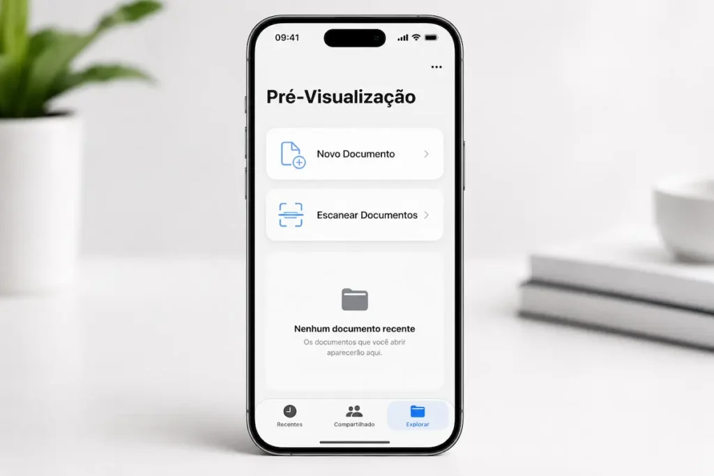 Tela do aplicativo Pré-Visualização da Apple no iPhone com opções para criar ou escanear documentos.