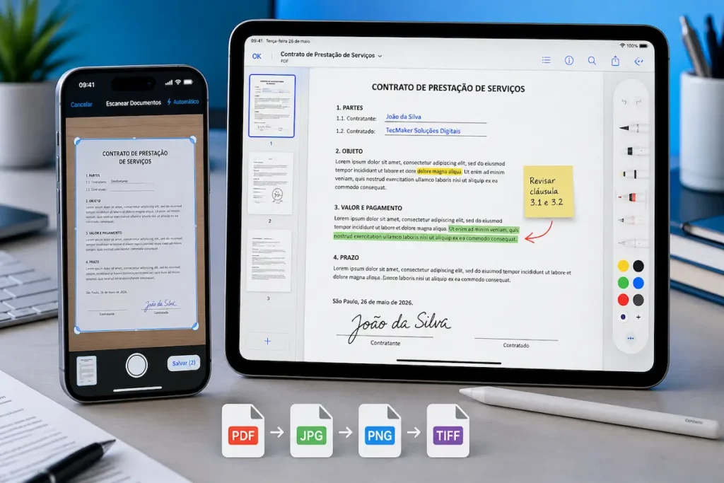 iPhone escaneando um contrato e iPad editando, assinando e convertendo um documento PDF no aplicativo Pré-Visualização da Apple.