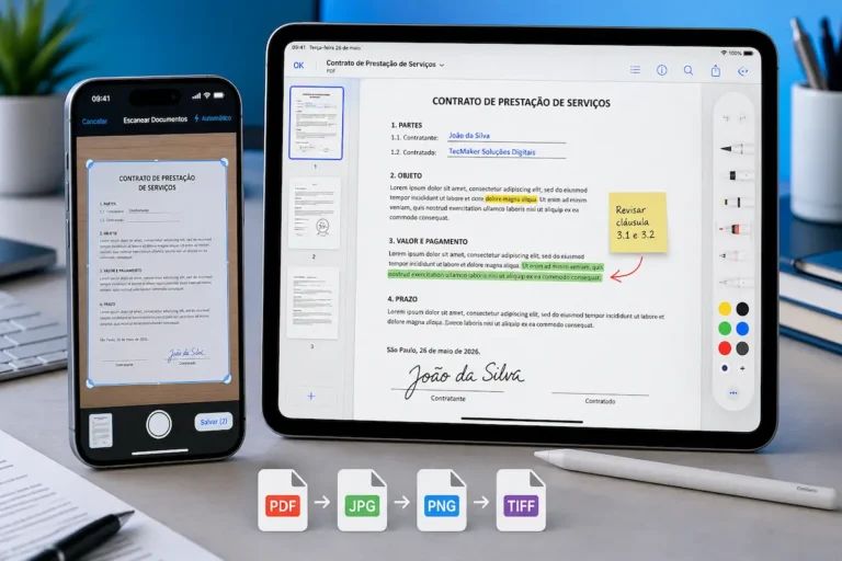 iPhone escaneando um contrato e iPad editando, assinando e convertendo um documento PDF no aplicativo Pré-Visualização da Apple.