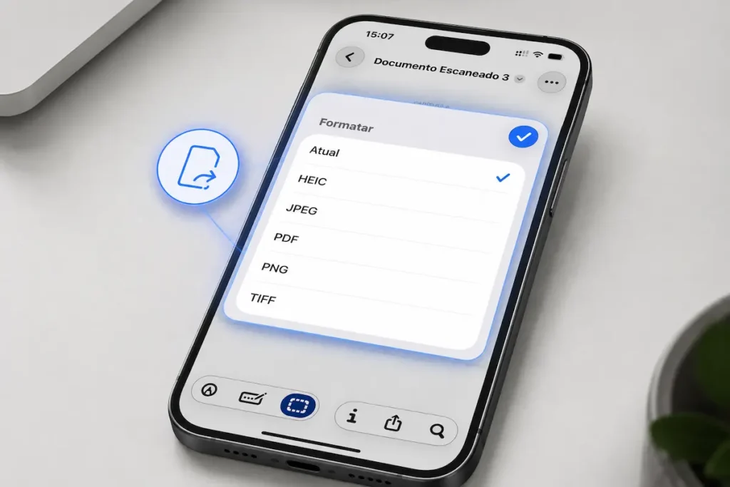 iPhone com o aplicativo Pré-Visualização da Apple aberto no menu de formatação de arquivo, exibindo opções como HEIC, JPEG, PDF, PNG e TIFF.
