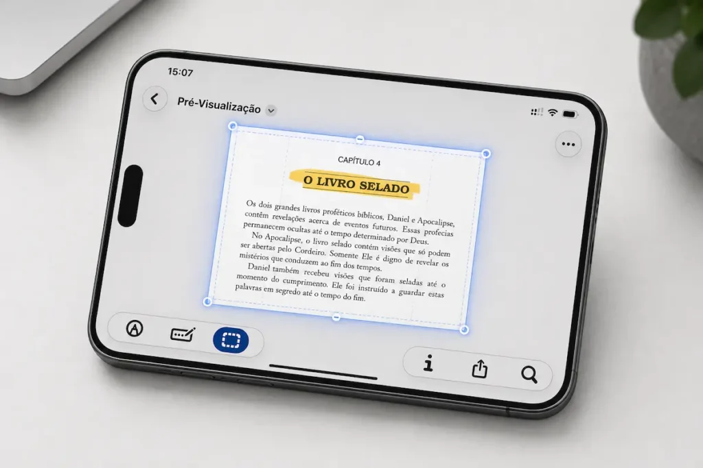 iPhone na horizontal mostrando um documento aberto no aplicativo Pré-Visualização da Apple com a ferramenta de recorte ativa.