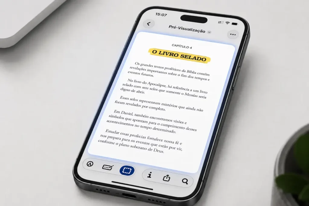 iPhone exibindo um documento escaneado no aplicativo Pré-Visualização da Apple, com foco na leitura e visualização do conteúdo.