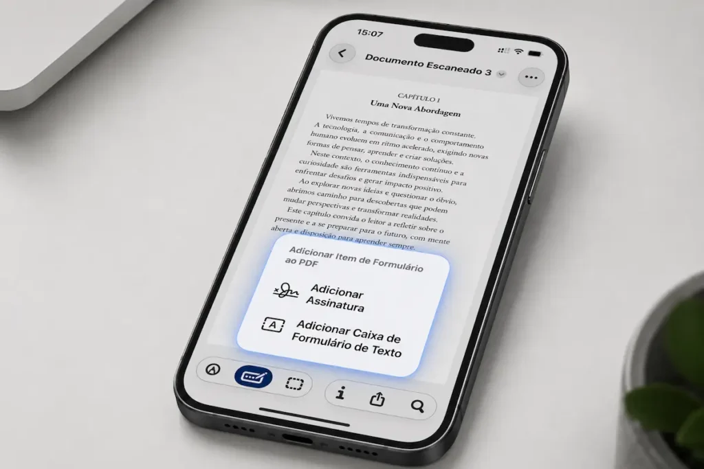 iPhone com um PDF aberto no aplicativo Pré-Visualização da Apple e menu para adicionar assinatura ou caixa de formulário de texto.
