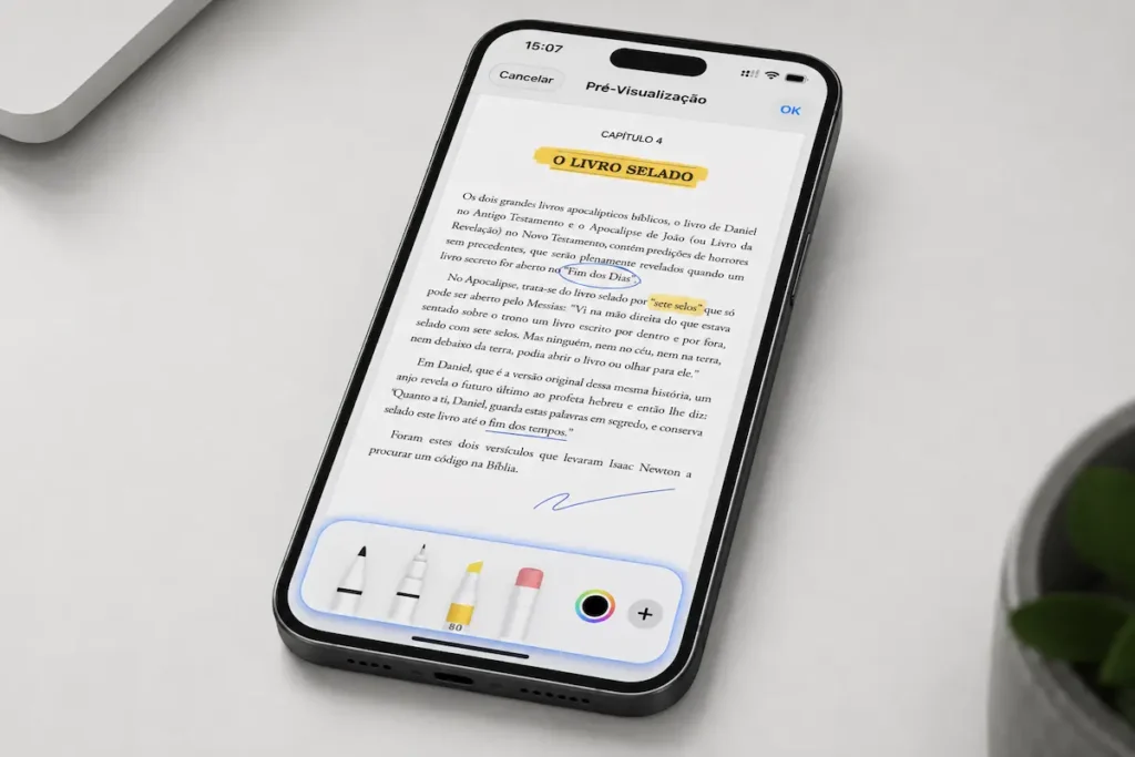 iPhone com documento aberto no aplicativo Pré-Visualização da Apple e barra de ferramentas de marcação com caneta, marcador, borracha e opções de cor.