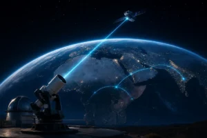 Microssatélite quântico conectando uma estação óptica na África a pontos na Ásia por feixes de luz azul.