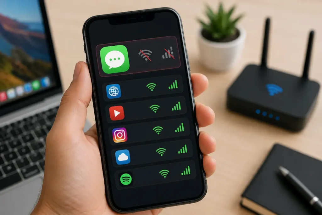 Smartphone exibindo o WhatsApp sem acesso ao Wi-Fi e aos dados móveis, enquanto outros aplicativos continuam conectados à internet.