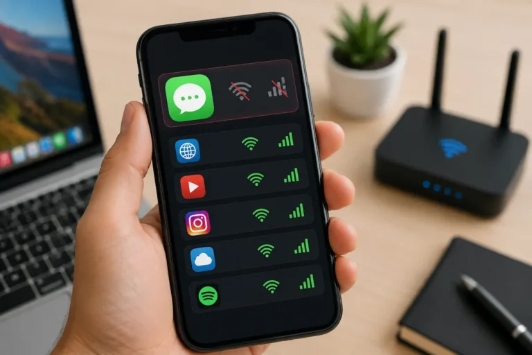 Smartphone exibindo o WhatsApp sem acesso ao Wi-Fi e aos dados móveis, enquanto outros aplicativos continuam conectados à internet.