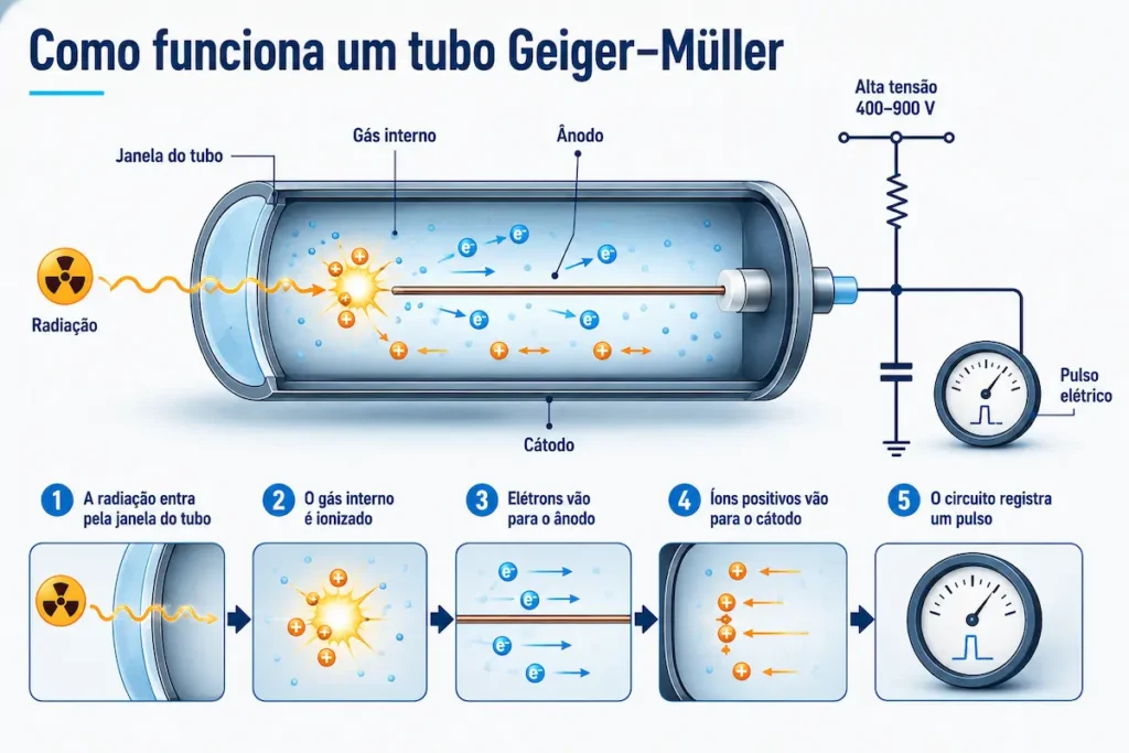 Infogr&aacute;fico mostrando como funciona um tubo Geiger-M&uuml;ller: a radia&ccedil;&atilde;o entra no tubo, ioniza o g&aacute;s interno, libera el&eacute;trons e &iacute;ons positivos, que se movem para &acirc;nodo e c&aacute;todo e geram um pulso el&eacute;trico detectado pelo circuito.