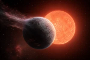 Exoplaneta LHS 1140 b com atmosfera de hélio diante de uma estrela anã vermelha