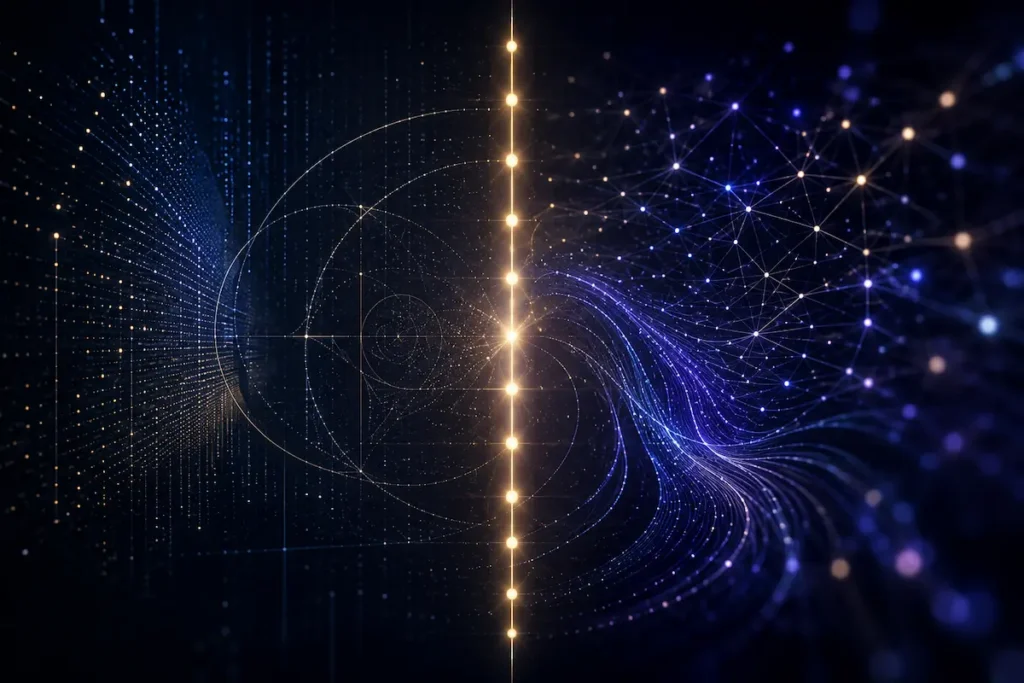Representação da Hipótese de Riemann com zeros da função zeta alinhados à linha crítica e uma rede de inteligência artificial analisando padrões matemáticos.