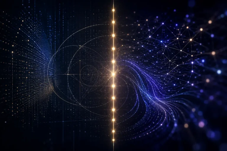 Representação da Hipótese de Riemann com zeros da função zeta alinhados à linha crítica e uma rede de inteligência artificial analisando padrões matemáticos.