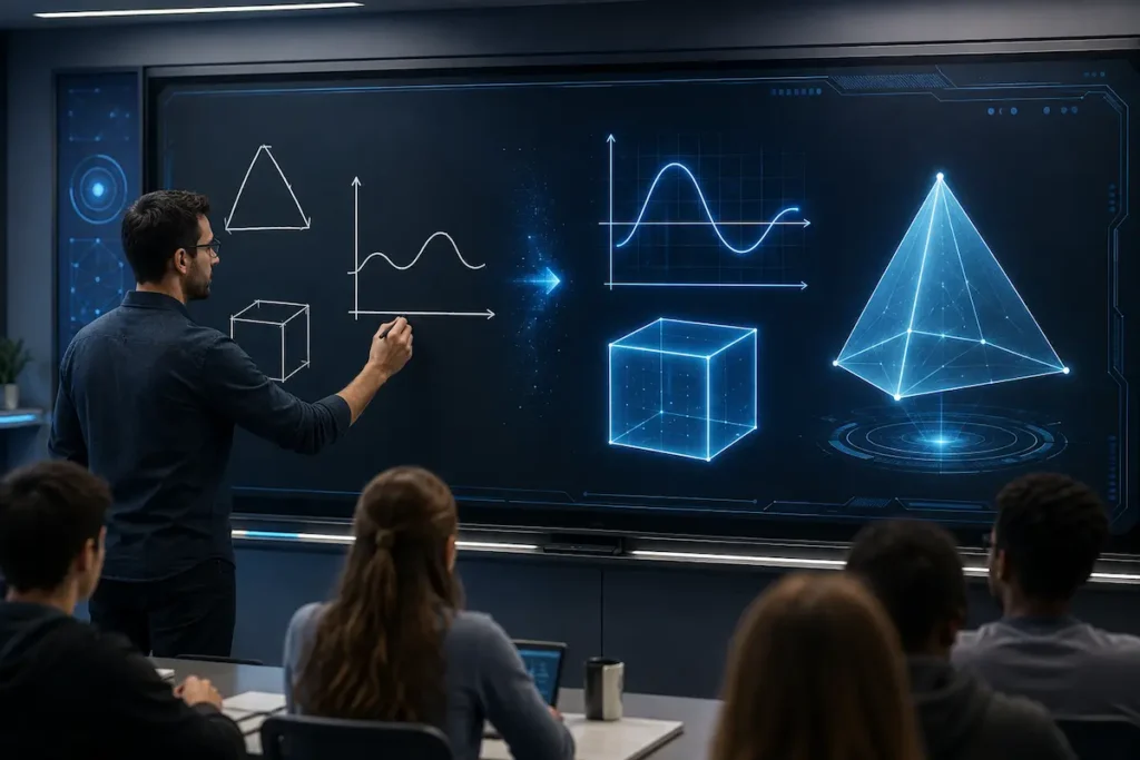 Professor usa uma lousa com inteligência artificial que transforma desenhos e equações em gráficos e modelos 3D diante dos alunos.