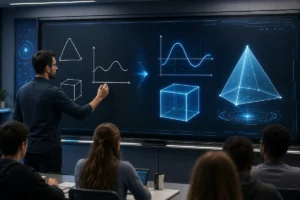 Professor usa uma lousa com inteligência artificial que transforma desenhos e equações em gráficos e modelos 3D diante dos alunos.