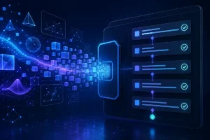 Representação de um sistema computacional verificando provas matemáticas formais com estruturas lógicas, blocos digitais e etapas validadas.