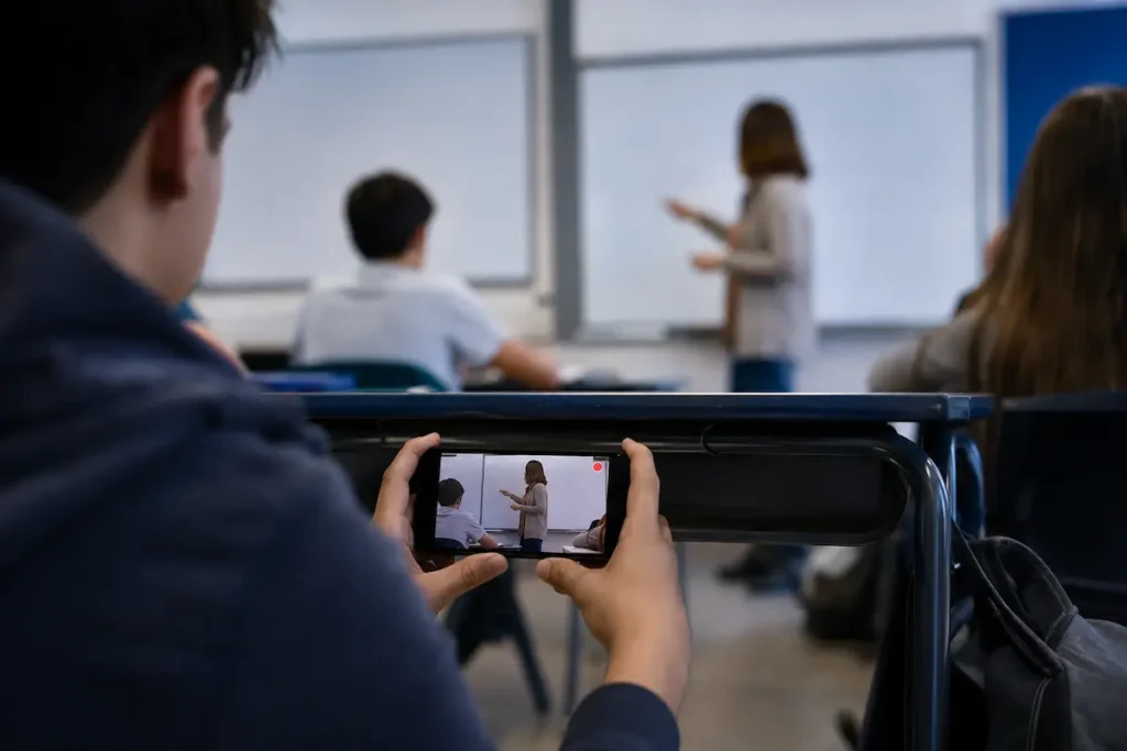 Estudante grava discretamente uma professora durante a aula, representando a prática de cyberbaiting nas escolas.
