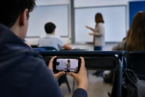 Estudante grava discretamente uma professora durante a aula, representando a prática de cyberbaiting nas escolas.