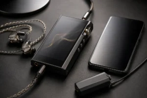 Player DAP conectado a fones de ouvido ao lado de um smartphone e de um DAC portátil sobre uma mesa escura.