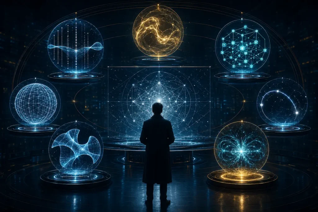 Pesquisador observa sete hologramas que representam os Problemas do Milênio, com conceitos de matemática, computação, geometria, fluidos e física quântica.