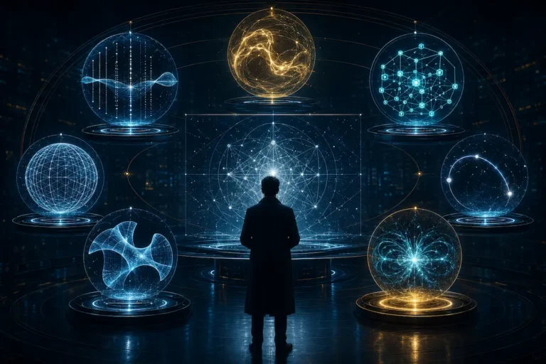 Pesquisador observa sete hologramas que representam os Problemas do Milênio, com conceitos de matemática, computação, geometria, fluidos e física quântica.