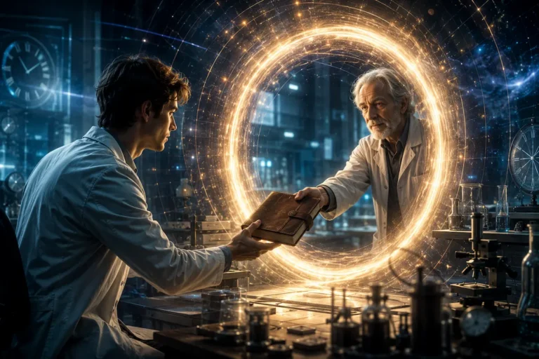 Cientista jovem recebe de sua versão mais velha um caderno através de um portal temporal luminoso, representando o Paradoxo Bootstrap e um loop causal no espaço-tempo.